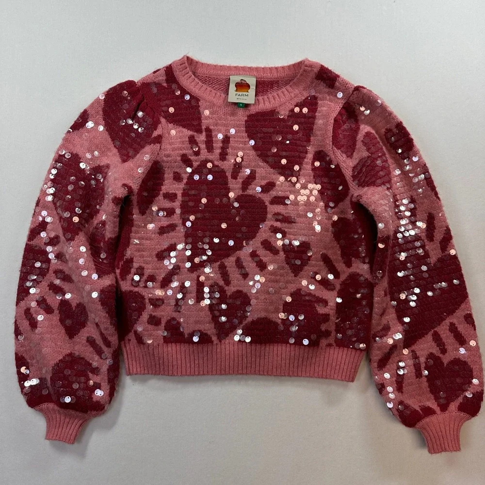 Farm Rio Sequin Hearts Knit‎ Sweater Small Pink Red Wool Blend Love Puff Sleeves